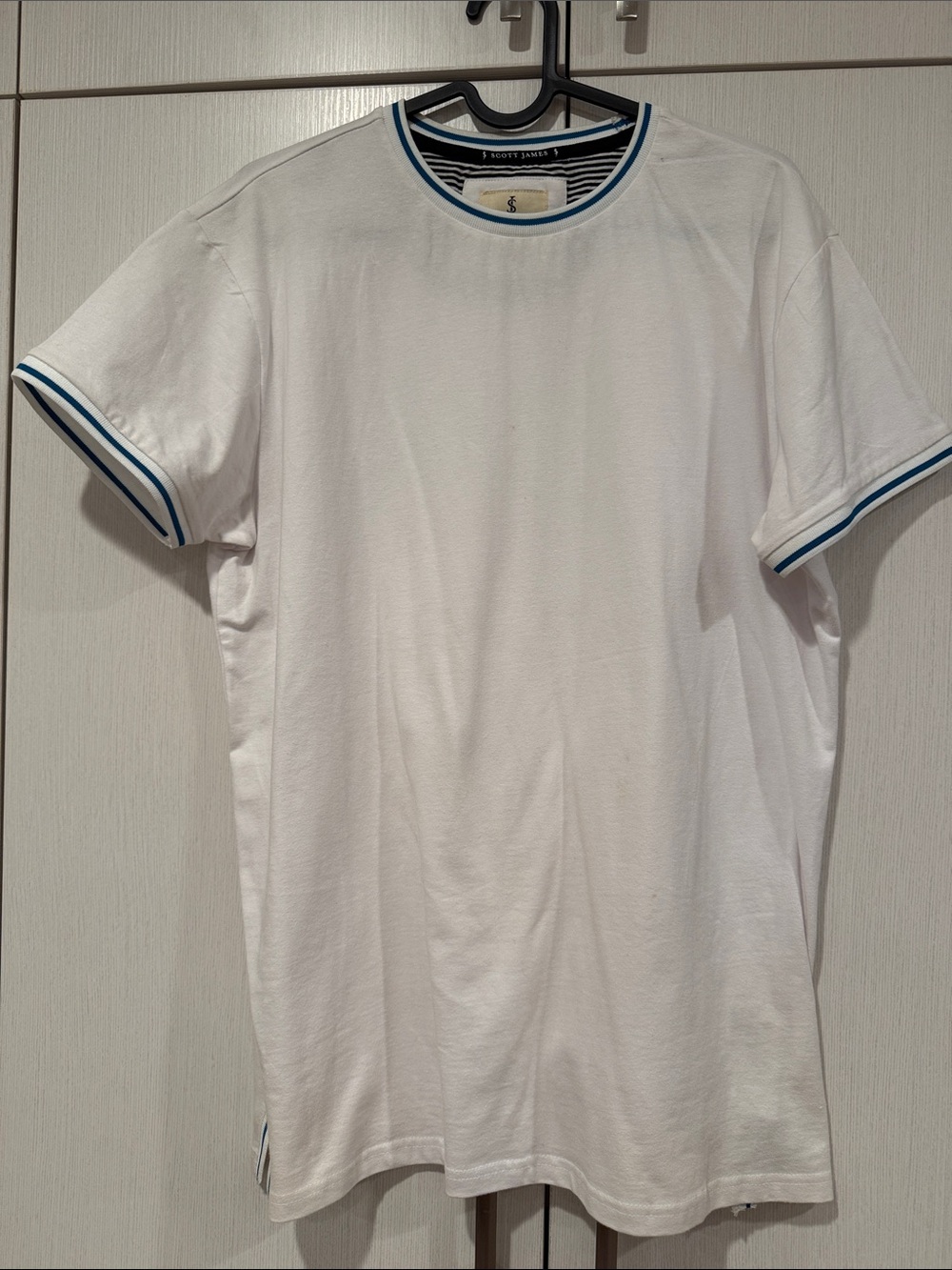 White Short-Sleeve Crew Neck T-Shirt with Blue Stripe Trim